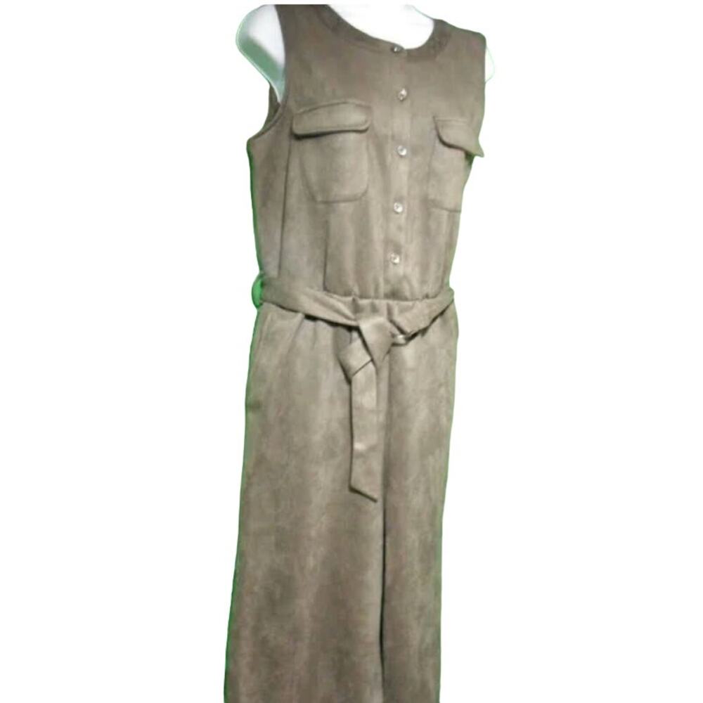 Spense Womens Olive Green Sleeveless Jumpsuit 4 Faux Suede Belted 4 Pockets